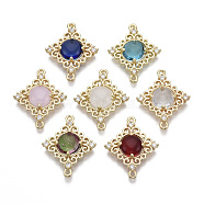Brass Links Connectors, with with Faceted Dome Glass Cabochons & Crystal Rhinestone, Rhombus, Light Gold, Mixed Color, 23.5x19x4.5mm, Hole: 1.2mm, Side Length: 13.5mm(GLAA-T020-17)