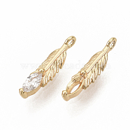 Brass Micro Pave Clear Cubic Zirconia Charms, Nickel Free, Real 18K Gold Plated, Feather, 12.5x3x2.5mm, Hole: 1mm(ZIRC-T011-26G-NF)