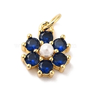 Rack Plating Brass Micro Pave Cubic Zirconia Charms, with Pearl, Cadmium Free & Lead Free, Real 18K Gold Plated, Flower, Dark Blue, 12.5x10.5x4mm, Hole: 3.6mm(KK-A160-22I-G)