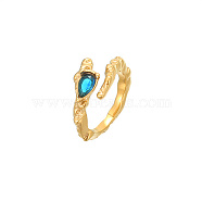 Golden Stainless Steel Open Cuff Ring, with Teardrop Glass, Blue, US Size 6(16.5mm)(OP8131-1)