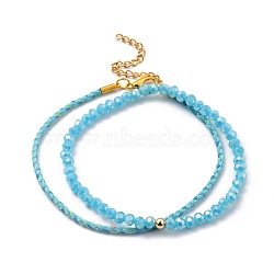 Glass Stretch Beaded Bracelets & Cotton Braided Cord Bracelet Sets, with Brass Beads and Zinc Alloy Lobster Claw Clasps, Golden, Deep Sky Blue, 8-1/8 inch(20.5cm), Inner Diameter: 2-1/2 inch(6.3cm), 2pcs/set(BJEW-JB05401-02)