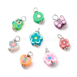 Handmade Polymer Clay Pendants, with 304 Stainless Steel Findings, Flower & Heart & Butterfly & Heart, Mixed Color, 16~18x8.5~11.5x4.5mm, Hole: 2.5~4mm(PALLOY-JF01768)