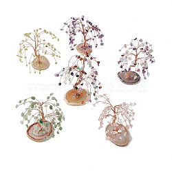 Natural Gemstone Chips and Natural Agate Pedestal Display Decorations, Healing Stone Tree, for Reiki Healing Crystals Chakra Balancing, with Rose Gold Plated Brass Wires, Lucky Tree, 54~72x89~112x107~112mm(DJEW-G027-13RG)