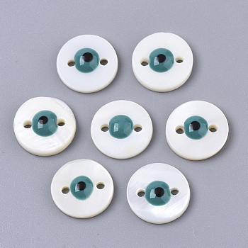 Freshwater Shell Links Connectors, with Enamel, Flat Round with Evil Eye, Dark Cyan, 10x3mm, Hole: 1mm
