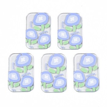 Transparent Printed Acrylic Pendants, with Glitter Powder, Rectangle with Flower, Lilac, 43x27x2.5mm, Hole: 1.4mm