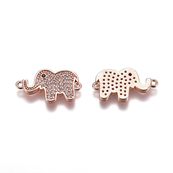 Brass Micro Pave Cubic Zirconia Normal Links, Elephant, Clear, Rose Gold, 11x19.5x2mm, Hole: 1mm