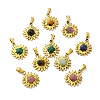 Gemstone Faceted Sun Pendants, Golden Tone 304 Stainless Steel Charms, 18x15.5x4.5mm, Hole: 6x3mm