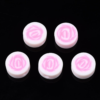 Handmade Polymer Clay Beads, for DIY Jewelry Crafts Supplies, Flat Round with Flower, Pearl Pink, 9~9.5x4~4.5mm, Hole: 1.8mm