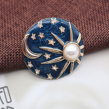 Marine Blue Flat Round Enamel Pin, Light Gold Plated Alloy Badge for Corsage Scarf Clothes, Star Pattern, 40mm
