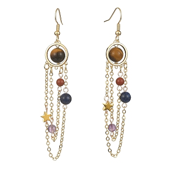 Natural Gemstone Dangle Earrings, with Brass Beads and Brass Real 18K Gold Plated Cable Chains, Soldered, Round, 81.5x13mm