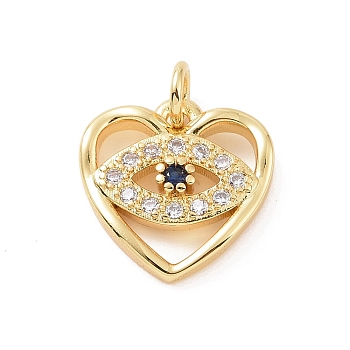 Brass Micro Pave Cubic Zirconia Charms, with Jump Ring, Heart with Evil Eye Charm, Golden, 13x12.5x2.5mm, Hole: 2.8mm