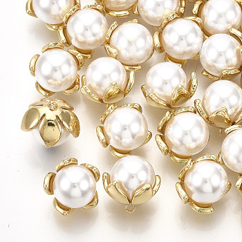 ABS Plastic Imitation Pearl Charms, with Brass Findings, Flower, Real 18K Gold Plated, 11x10x11mm, Hole: 0.8mm