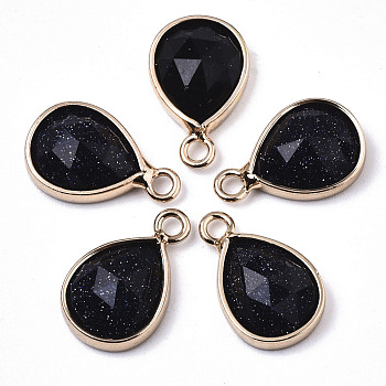 Synthetic Blue Goldstone Charms, with Light Gold Plated Brass Edge and Loop, Teardrop, Faceted, 14x9x4.5mm, Hole: 1.5mm