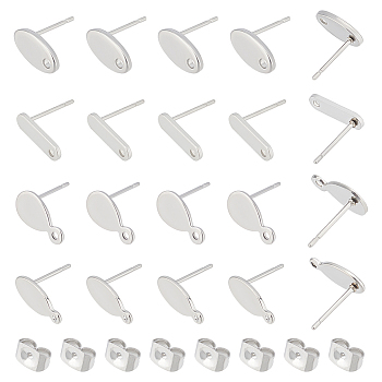 80Pcs 4 Style 304 Stainless Steel Stud Earring Findings, with 201 Stainless Steel Ear Nuts/Earring Backs, Oval & Rectangle & Teardrop, Stainless Steel Color, 11~13x3.5~7mm, Hole: 1~1.6mm, Pin: 0.8mm, 20Pcs/style