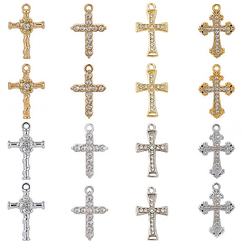 32Pcs 8 Styles Alloy Rhinestone Pendants, Cross, Mixed Color, 23~26.5x15~17.5x2~5mm, Hole: 1.5~1.8mm, 4pcs/style