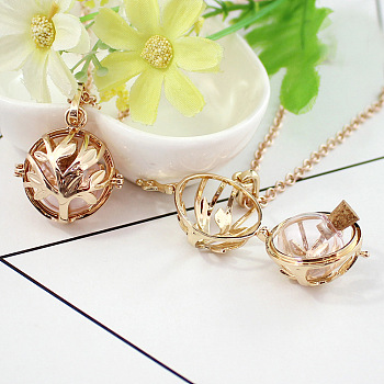 Glass Round Wish Bottle Inside Pendant Necklace, Golden Brass Locket Necklaces, Pink, Pendant: 23mm