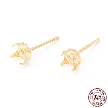 925 Sterling Silver Post Stud Earring Settings, Prong Earring Setting, Golden, Tray: 4mm, 5x5mm, Pin: 0.7mm