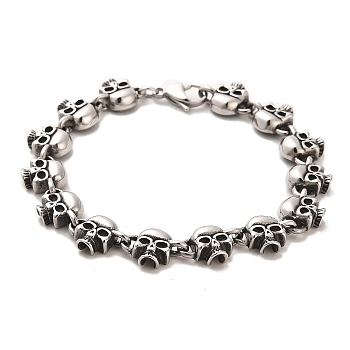 304 Stainless Steel Skull Link Chain Bracelets, Antique Silver, 8-3/8 inch(21.4cm)