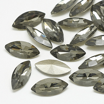 Pointed Back Glass Rhinestone Cabochons, Back Plated, Faceted, Horse Eye, Black Diamond, 18x9x5mm