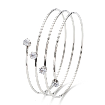 304 Stainless Steel Triple Loops Wire Wrap Bangle, Clear Cubic Zirconia Cuff Bangle, Stainless Steel Color, Inner Diameter: 2-3/8 inch(6.1cm)