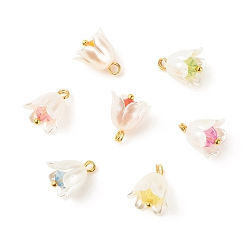 Spray Painted ABS Plastic Imitation Pearl Charms, with Transparent Acrylic Round Beads and Golden Tone Brass Findings, Flower, Mixed Color, 12.5~13x11mm, Hole: 2mm