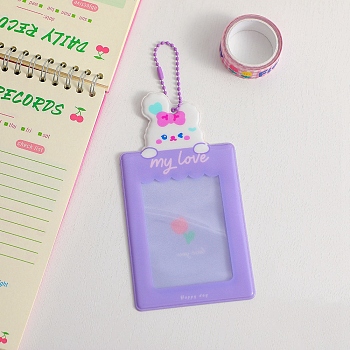 Plastic Photocard Sleeve Keychain, with Rectangle Clear Window and Random Color Ball Chains, Rectangle, Lilac, Rabbit Pattern, 104x76mm, Inner Diameter: 94x70mm