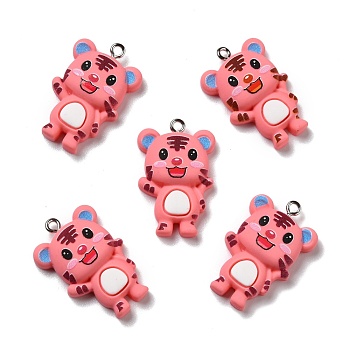 Opaque Resin Pendants, with Platinum Tone Iron Loops, Tiger, Salmon, 30x19x5.5mm, Hole: 2mm