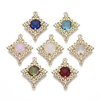 Brass Links Connectors, with with Faceted Dome Glass Cabochons & Crystal Rhinestone, Rhombus, Light Gold, Mixed Color, 23.5x19x4.5mm, Hole: 1.2mm, Side Length: 13.5mm