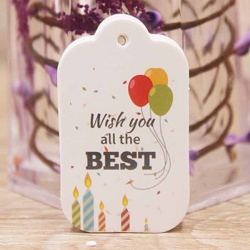 Paper Gift Tags, Hange Tags, For Arts and Crafts, Birthday Theme, Rectangle with Word Wish You all the Best, White, 50x30x0.4mm, Hole: 3mm