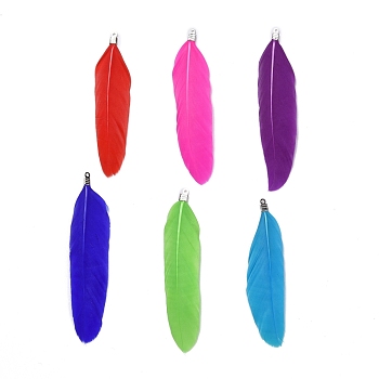 Goose Feather Pendants, Big Pendants, with Iron Findings, Platinum, Dyed, Mixed Color, 72~82x12~19mm, Hole: 1.5mm