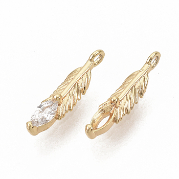 Brass Micro Pave Clear Cubic Zirconia Charms, Nickel Free, Real 18K Gold Plated, Feather, 12.5x3x2.5mm, Hole: 1mm