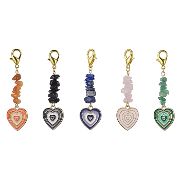 Heart Alloy Enamel Pendant Decoration, with Natural & Synthetic Gemstone and Alloy Clasp, Mixed Color, 66~67mm