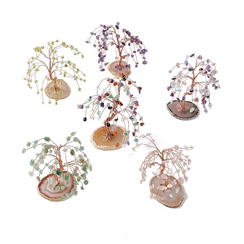 Natural Gemstone Chips and Natural Agate Pedestal Display Decorations, Healing Stone Tree, for Reiki Healing Crystals Chakra Balancing, with Rose Gold Plated Brass Wires, Lucky Tree, 54~72x89~112x107~112mm