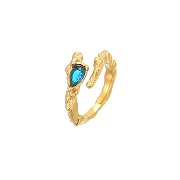 Golden Stainless Steel Open Cuff Ring, with Teardrop Glass, Blue, US Size 6(16.5mm)