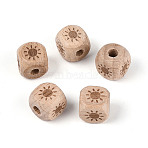 Laser Engraved Beech Wood European Beads, Cube & Sun, Large Hole Beads, Tan, 12x12x12mm, Hole: 4.5mm(WOOD-T033-08A)