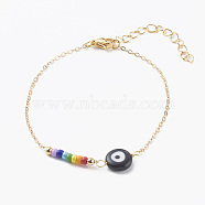Evil Eye Lampwork Beaded Bracelets, with Round Glass Seed Beads and Brass Cable Chains, Golden, Black, 7-1/4 inch(18.5cm)(BJEW-JB06159-02)