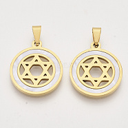 201 Stainless Steel Pendants, with Shell and Random Size Snap on Bails, for Jewish, Flat Round with Star of David, Golden, 23x20x2mm, Hole: 7~10x3~5mm(STAS-N089-67G)
