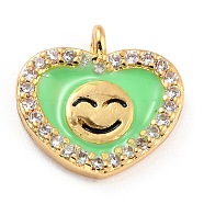 Golden Plated Brass Micro Pave Clear Cubic Zirconia Charms, with Enamel, Long-Lasting Plated, Heart with Smile Face, Lawn Green, 11x11.5x2.5mm, Hole: 1.2mm(ZIRC-L097-034F-G)
