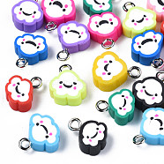 Handmade Polymer Clay Charms, with Platinum Plated Iron Loop, Cloud with Smile, Mixed Color, 11~14x9~11.5x4mm, Hole: 1.8mm(CLAY-N006-37B-01)