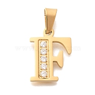 Ion Plating(IP) 304 Stainless Steel Rhinestone Pendants, Letter F, 17~19x10.5~18x2mm, Hole: 6.5x3.5mm(STAS-U035-01G-F)