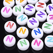 Initial Acrylic Beads, Horizontal Hole, Flat Round, Mixed Color, Letter.N, 7x3.5~4mm, Hole: 1.2mm, about 370pcs/50g(X-OACR-E001-20N)