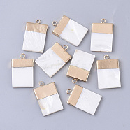 Electroplate Freshwater Shell Pendants, with Top Golden Plated Brass Loops and Half Drilled, Rectangle, Seashell Color, 24x15x3mm, Hole: 0.8~1.8mm(SHEL-S276-63)
