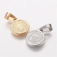 304 Stainless Steel Pendants, Flat Round with Saint Benedict Medal, Mixed Color, 16x13x2mm, Hole: 4x6mm(STAS-E117-02)