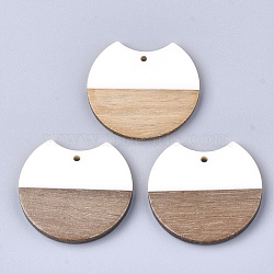 Resin & Walnut Wood Pendants, Gap Flat Round, White, 33x37x3mm, Hole: 1.8mm(RESI-T023-11H-1)