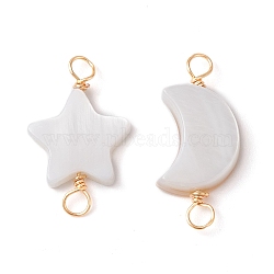2Pcs 2 Styles Natural Freshwater Shell Connector Charms, Light Gold, Star & Moon Links, WhiteSmoke, 17.5~19.5x9~11x2.5~3mm, Hole: 2mm, 1pc/style(PALLOY-JF02440-02)