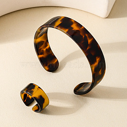 Leopard Print Acrylic Cuff Bangle & Finger Rings Sets for Women, Chocolate, Inner Diameter: 60mm(FS-WG722C5-01)