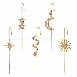 5Pcs 5 Style Sun & Moon & Snake & Star Stud Earring, Brass Micro Pave Cubic Zirconia Ear Wrap Crawler Hook Earrings, Earcuffs for Her, Nickel Free, Golden, 70mm, Pin: 1mm, 1pc/style(EJEW-SZ0001-70)