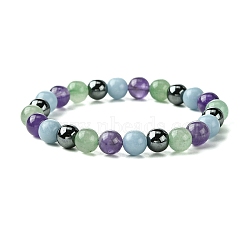 Synthetic Non-Magnetic Hematite & Natural Green Aventurine & Natural Amethyst & Natural Angelite Round Beaded Stretch Bracelets, Aquarius, Inner Diameter: 2-1/8 inch(5.5cm)(BJEW-JB10910-08)