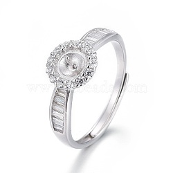 Adjustable Rhodium Plated 925 Sterling Silver Finger Ring Components, For Half Drilled Beads, with Cubic Zirconia, Flat Round, Platinum, Size 7, 17mm, Tray: 4mm, Pin: 0.8mm(STER-F048-07P)