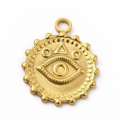 304 Stainless Steel Pendants, Flat Round with Evil Eye Charms, Golden, 21.5x18x2mm, Hole: 2.6mm(STAS-M305-15G)